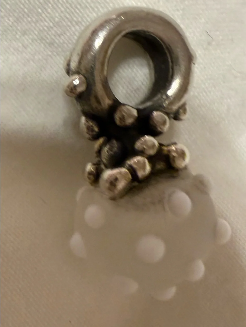 TrollBeads Silver  White Polka Dot Glass Drop Charm  “Winter”